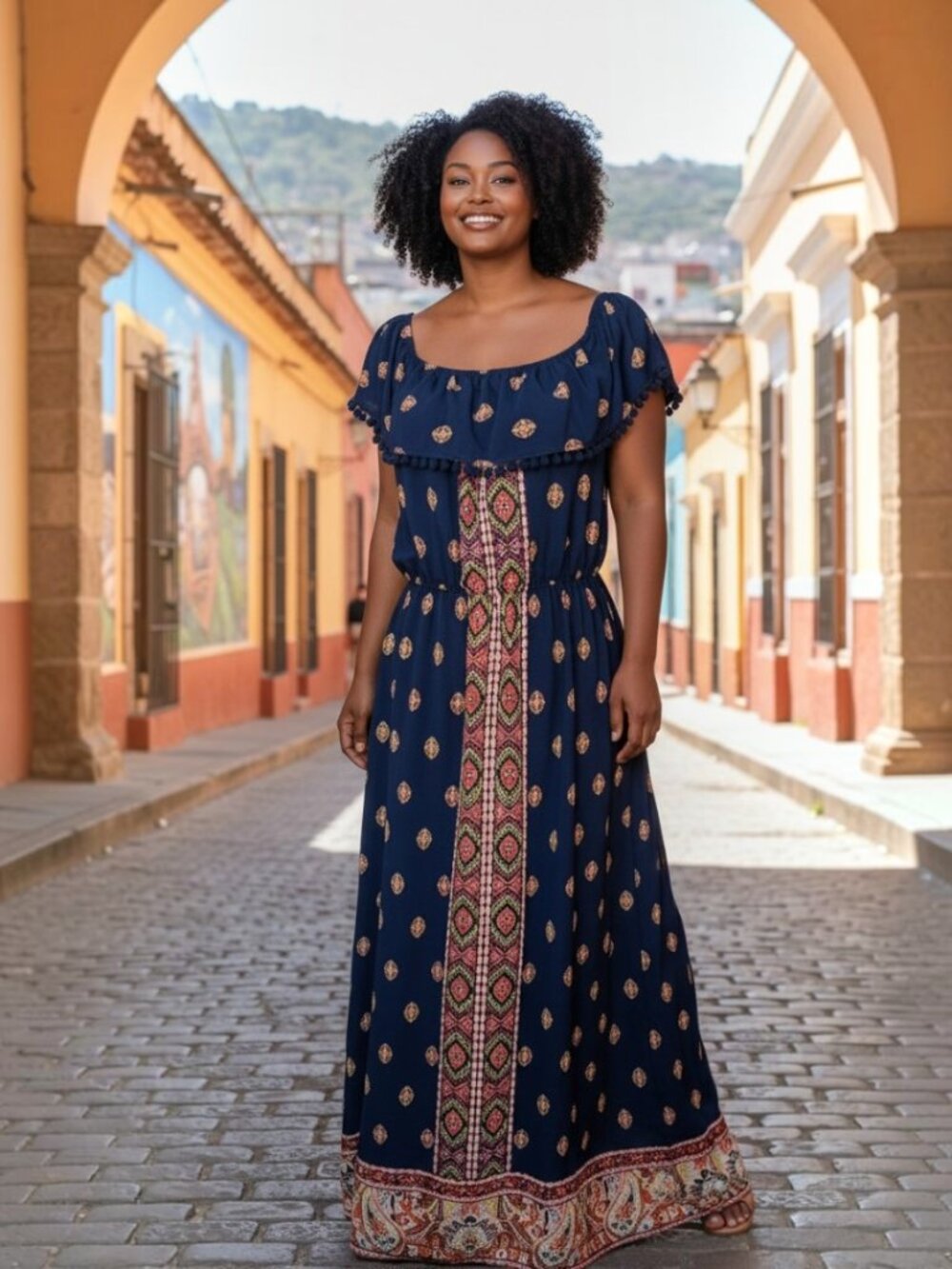 AS U WISH Navy Blue Boho Maxi Dress with Pink Embroidered Panel Size XL